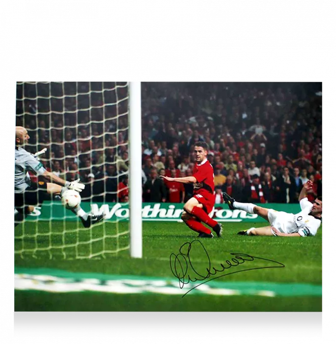 Michael Owen Signed Liverpool FC Photo In Black Wooden Frame: Scoring Against Manchester United