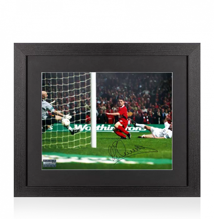 Michael Owen Signed Liverpool FC Photo In Black Wooden Frame: Scoring against Manchester United