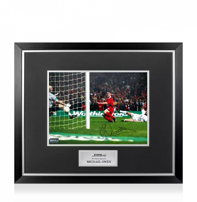 Michael Owen Signed Liverpool FC Photo In Premium Photo Frame: Scoring against Manchester United