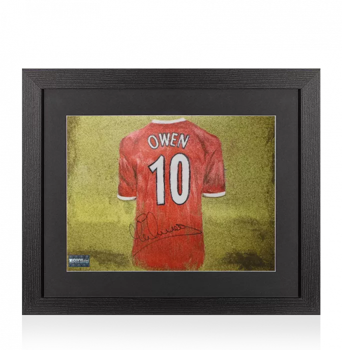 Michael Owen Signed Liverpool Shirt Artwork Print In Black Wooden Frame