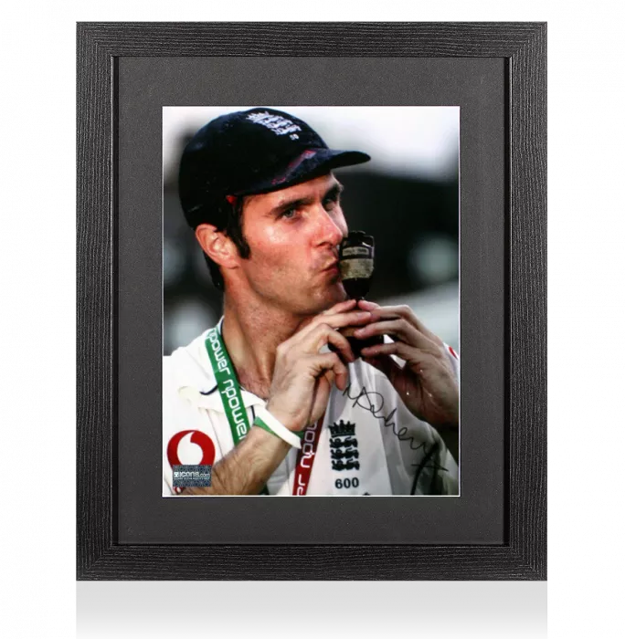 Michael Vaughan Signed Ashes Photo In Black Wooden Frame: Kissing The Urn