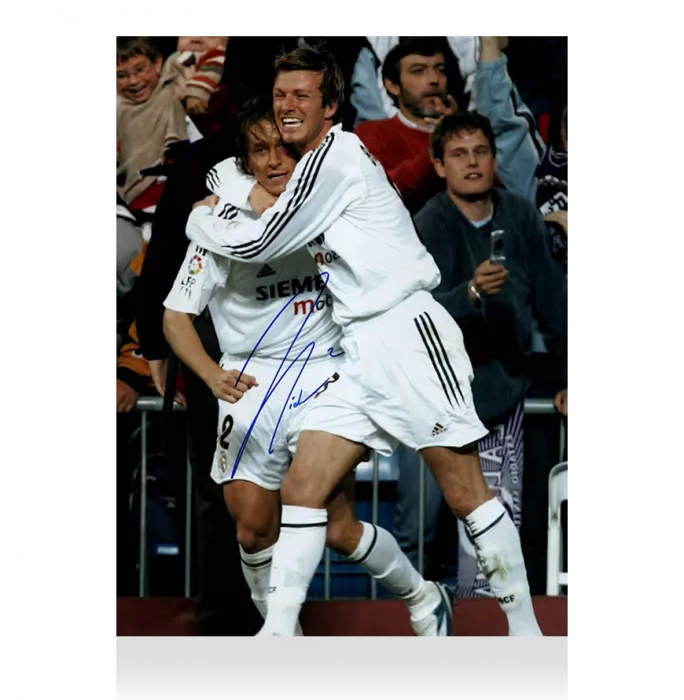 Michel Salgado Signed Real Madrid Photo: Celebrating With David Beckham