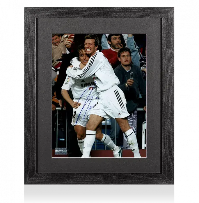 Michel Salgado Signed Real Madrid Photo In Black Wooden Frame: Celebrating With David Beckham