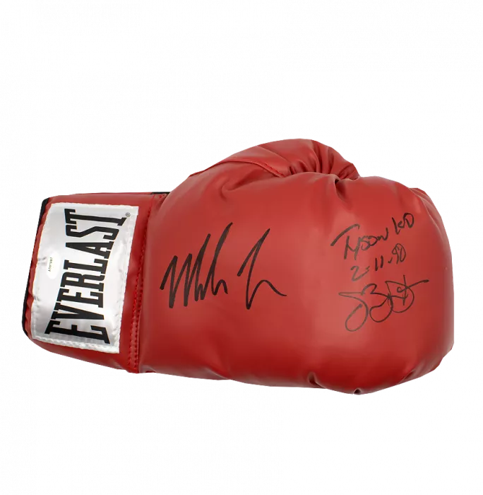 Mike Tyson & James 'Buster' Douglas Dual Signed Everlast Red Boxing Glove - Tyson KO 2/11/90 Inscription In Acrylic Case