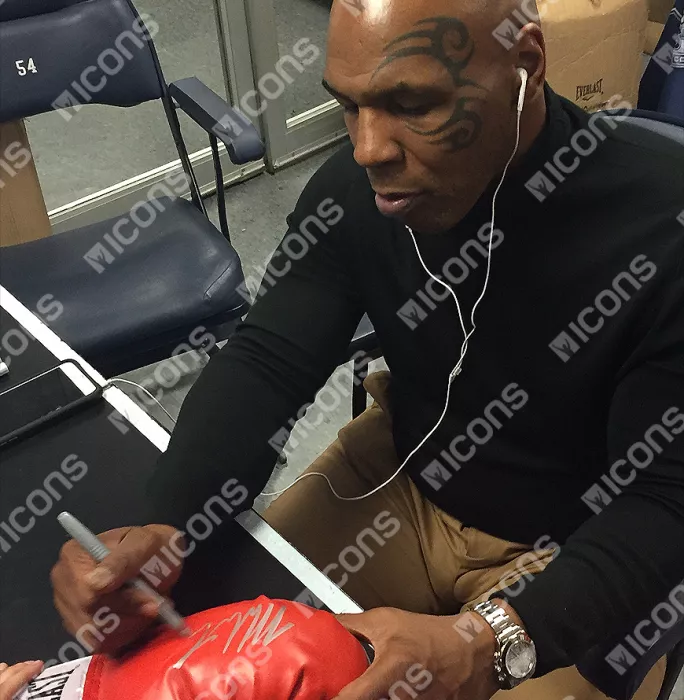 Mike Tyson Signed Red Everlast Boxing Glove With Silver Signature In Acrylic Case