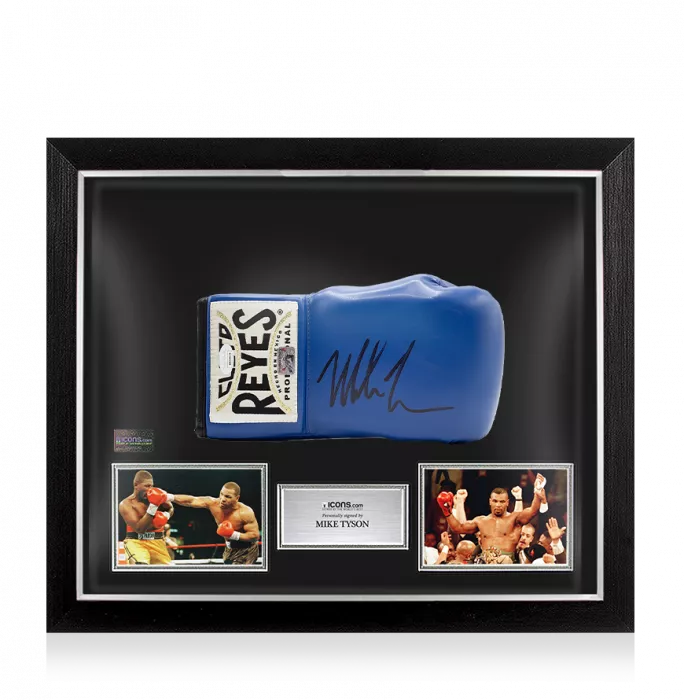Mike Tyson Signed Reyes Blue Boxing Glove In Bubble Frame: Option 1