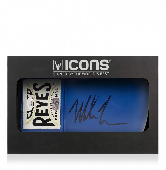 Mike Tyson Signed Reyes Blue Boxing Glove In Deluxe Packaging