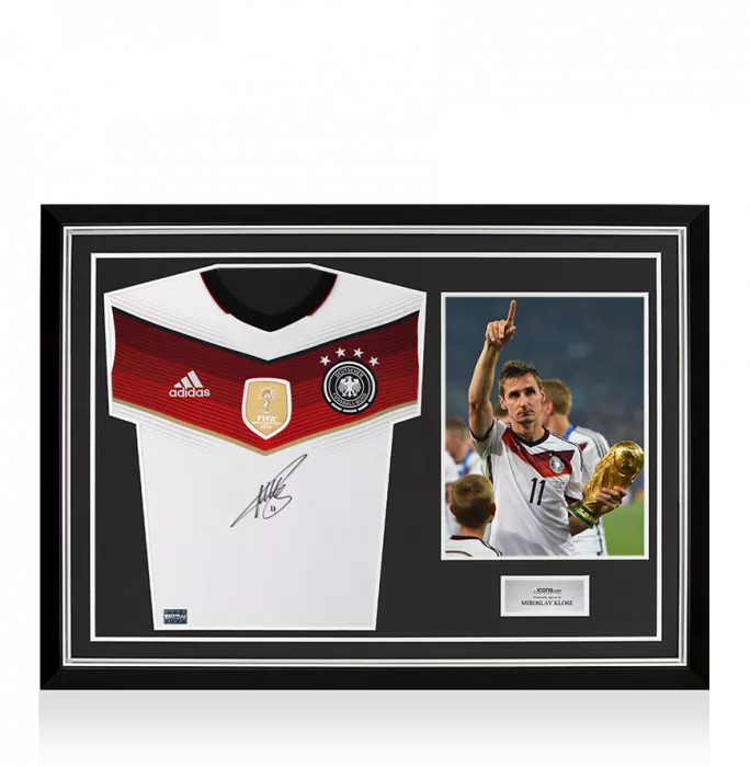 Miroslav Klose Front Signed Germany 2014 Home Shirt with FIFA World Cup Winners Badge In Hero Frame: Option 1