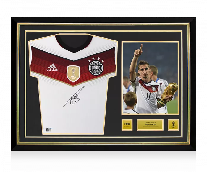 Miroslav Klose Official 2014 FIFA World Cup™ Front Signed and Hero Framed Germany 2014 Home Shirt with FIFA World Cup Winners Badge