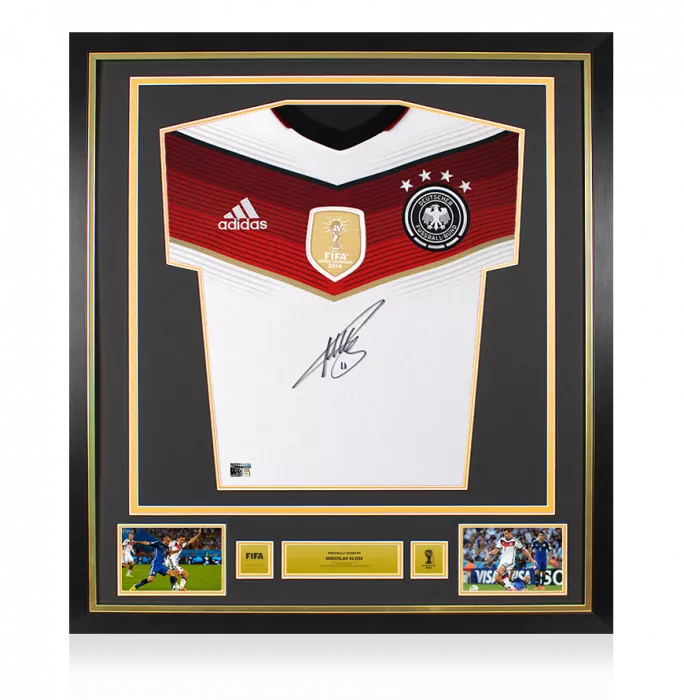 Miroslav Klose Official 2014 FIFA World Cup™ Front Signed and Framed Germany 2014 Home Shirt with FIFA World Cup Winners Badge