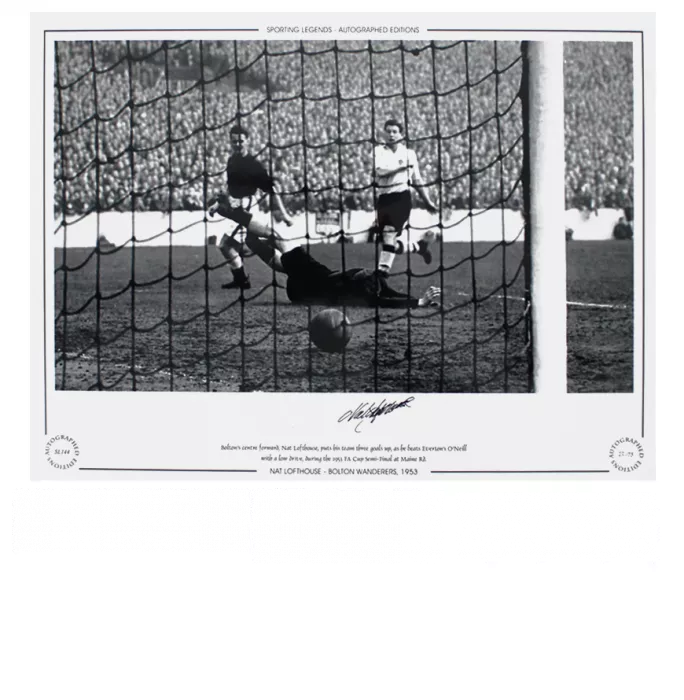 Nat Lofthouse Signed Bolton Wanderers Photo In Black Wooden Frame: 1953 FA Cup Semi-Final Goal V Everton