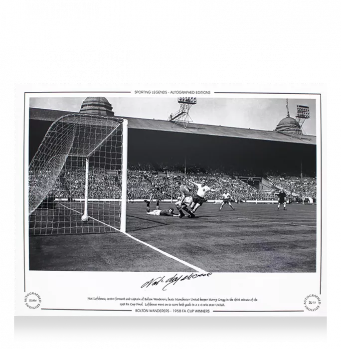 Nat Lofthouse Signed Bolton Wanderers Photo In Black Wooden Frame: 1958 FA Cup Final V Manchester United