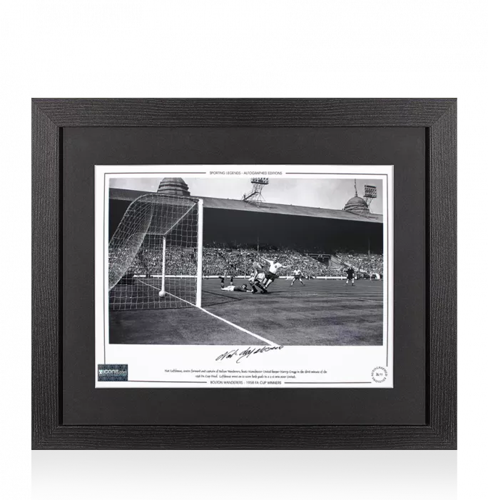 Nat Lofthouse Signed Bolton Wanderers Photo In Black Wooden Frame: 1958 FA Cup Final v Manchester United