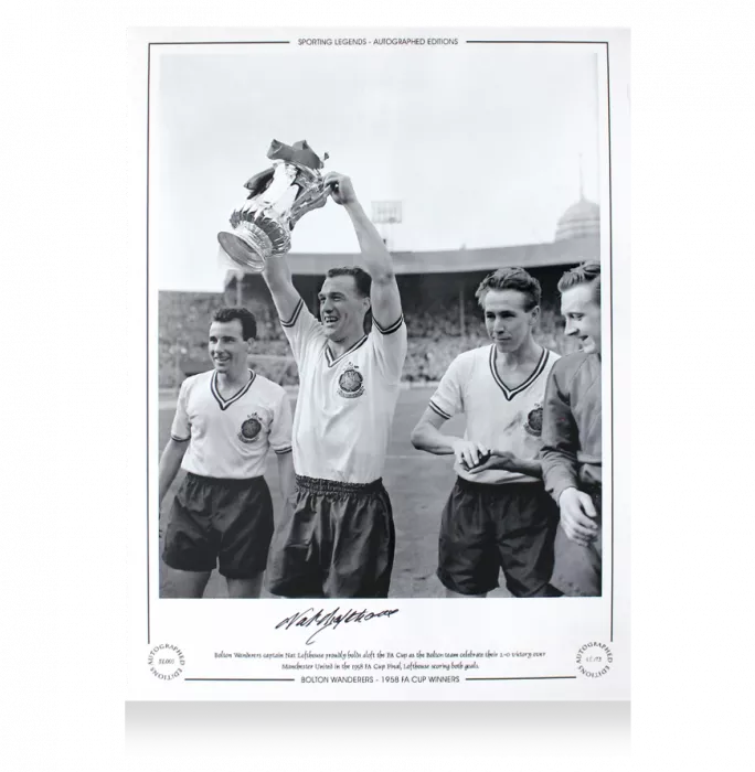 Nat Lofthouse Signed Bolton Wanderers Photo In Black Wooden Frame: 1958 FA Cup Final Winner