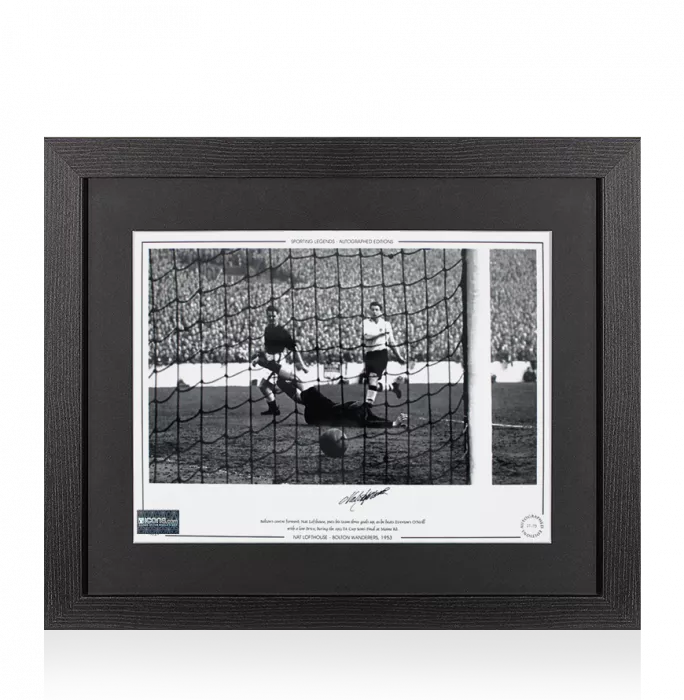 Nat Lofthouse Signed Bolton Wanderers Photo In Black Wooden Frame: 1953 FA Cup Semi-Final Goal v Everton