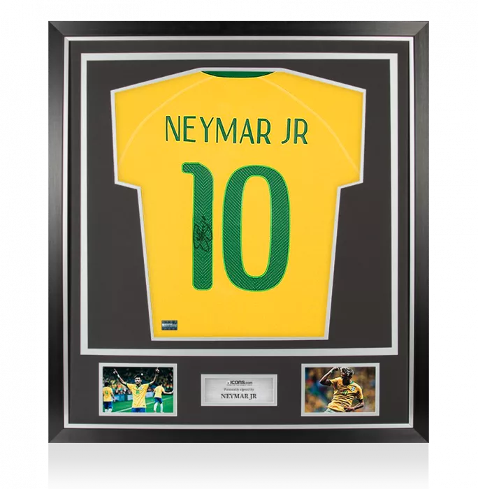 Neymar Jr Back Signed Brazil 2014-15 Home Shirt With Fan Style Numbers In Classic Frame