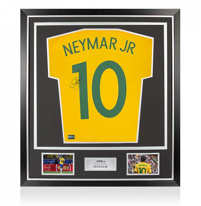 Neymar Jr Back Signed Brazil 2016-17 Home Shirt With Fan Style Numbers In Classic Frame