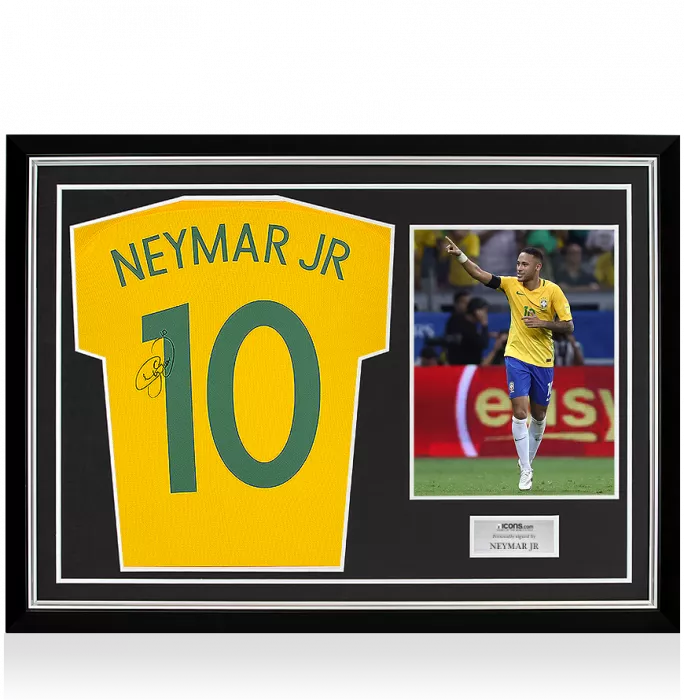 Neymar Jr Back Signed Brazil 2016-17 Home Shirt With Fan Style Numbers In Hero Frame: Option 1