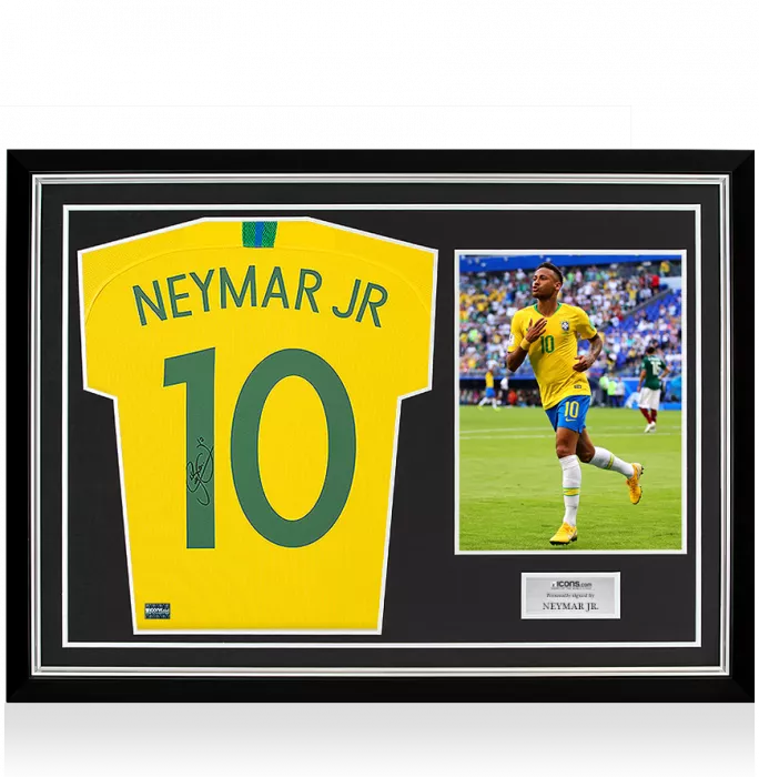 Neymar Jr Back Signed Brazil 2018 Shirt With Fan Style Numbers: 2016 Style In Hero Frame: Option 1