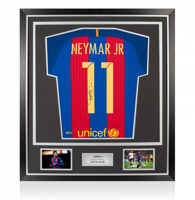 Neymar Jr Back Signed FC Barcelona 2016-17 Home Shirt With Fan Style Numbers In Classic Frame
