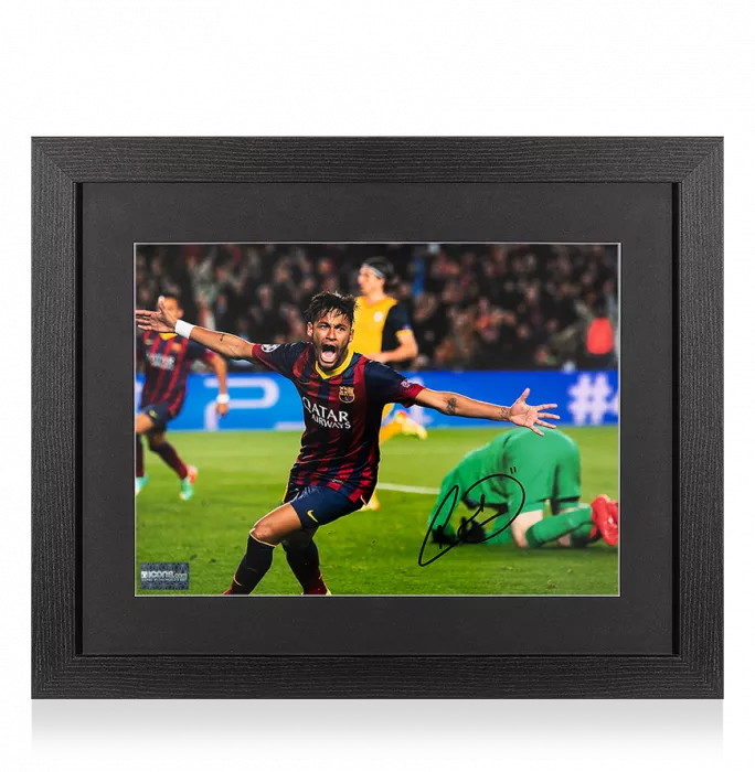 Neymar Jr Signed FC Barcelona Photo In Black Wooden Frame: UEFA Champions League Goal vs Atletico Madrid
