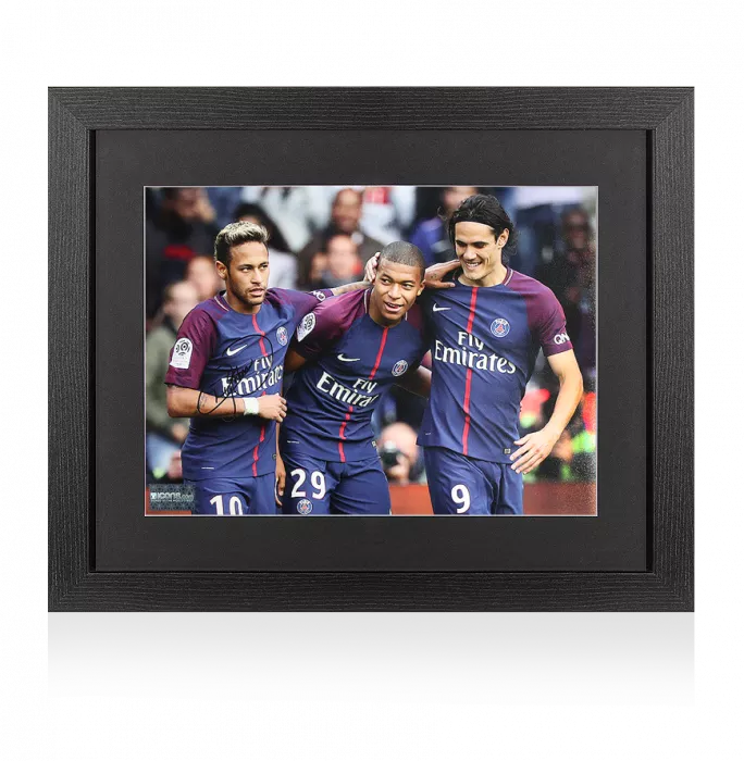Neymar Jr Signed Paris Saint-Germain Photo In Black Wooden Frame: Celebrating With Mbappe & Cavani