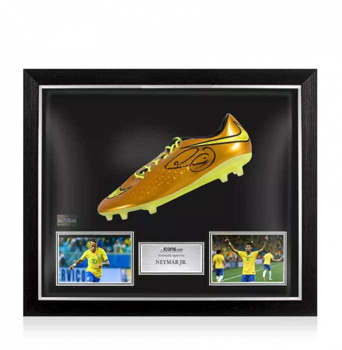 Neymar Jr Signed Special Edition Gold Nike Hypervenom Boot In Bubble Frame: Brazil