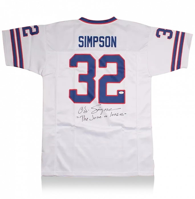 OJ Simpson Back Signed White and Blue American Football Jersey: "The Juice Is Loose" Edition