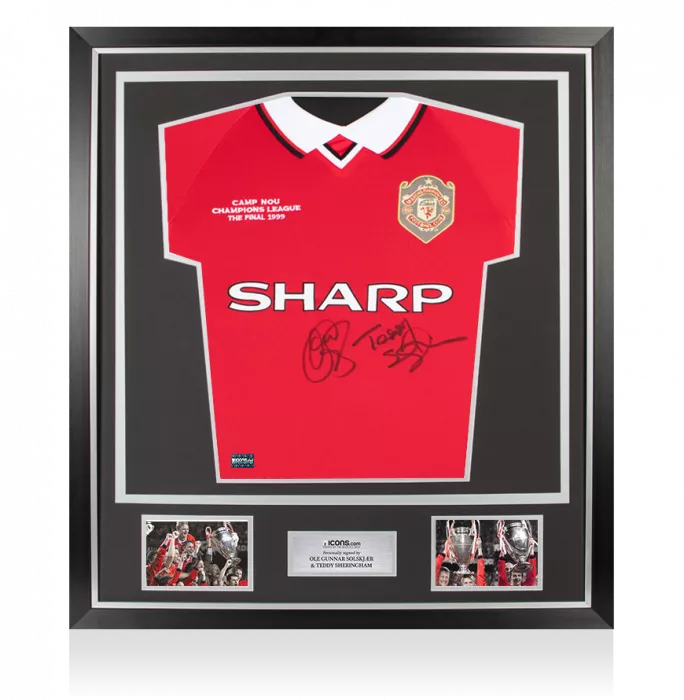 Ole Gunnar Solskjaer & Teddy Sheringham Dual Front Signed Manchester United 1999 UCL Final Shirt In Classic Frame
