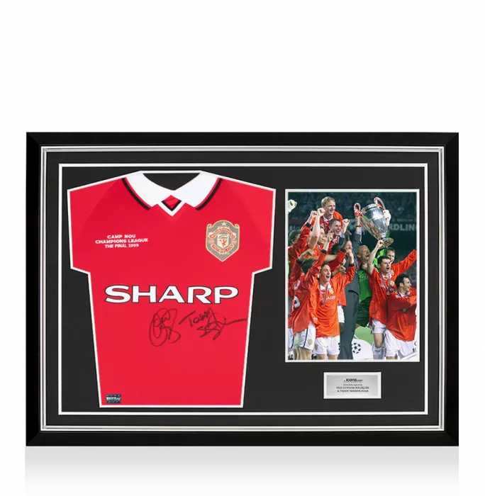 Ole Gunnar Solskjaer & Teddy Sheringham Dual Front Signed Manchester United 1999 UCL Final Shirt In Hero Frame: Option 1