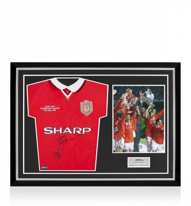 Ole Gunnar Solskjaer & Teddy Sheringham Front Signed Manchester United 1999 Home Shirt Home Shirt In Hero Frame: Option 1