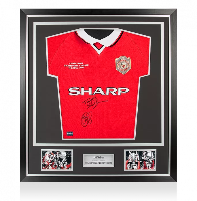 Ole Gunnar Solskjaer & Teddy Sheringham Front Signed Manchester United 1999 Home Shirt In Classic Frame