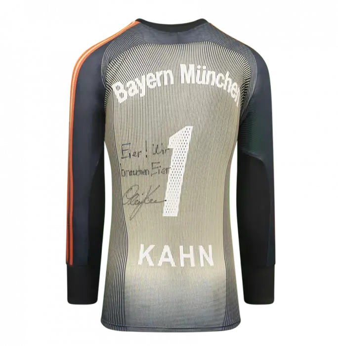 Oliver Kahn Back Signed Bayern Munich 2003-04 Goalkeeper Shirt - Eier Wir Brauchen Eier Inscription In Classic Frame