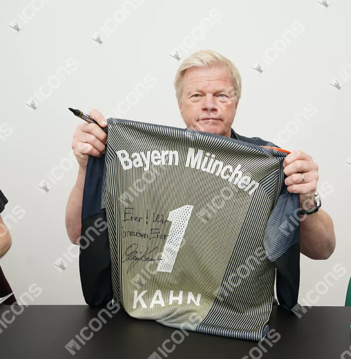 Oliver Kahn Back Signed Bayern Munich 2003-04 Goalkeeper Shirt - Eier Wir Brauchen Eier Inscription In Classic Frame