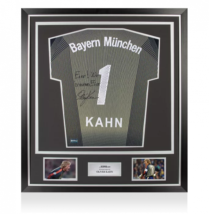 Oliver Kahn Back Signed Bayern Munich 2003-04 Goalkeeper Shirt - Eier Wir brauchen Eier Inscription In Classic Frame