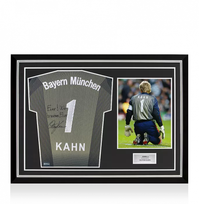 Oliver Kahn Back Signed Bayern Munich 2003-04 Goalkeeper Shirt - Eier Wir brauchen Eier Inscription In Hero Frame: Option 1