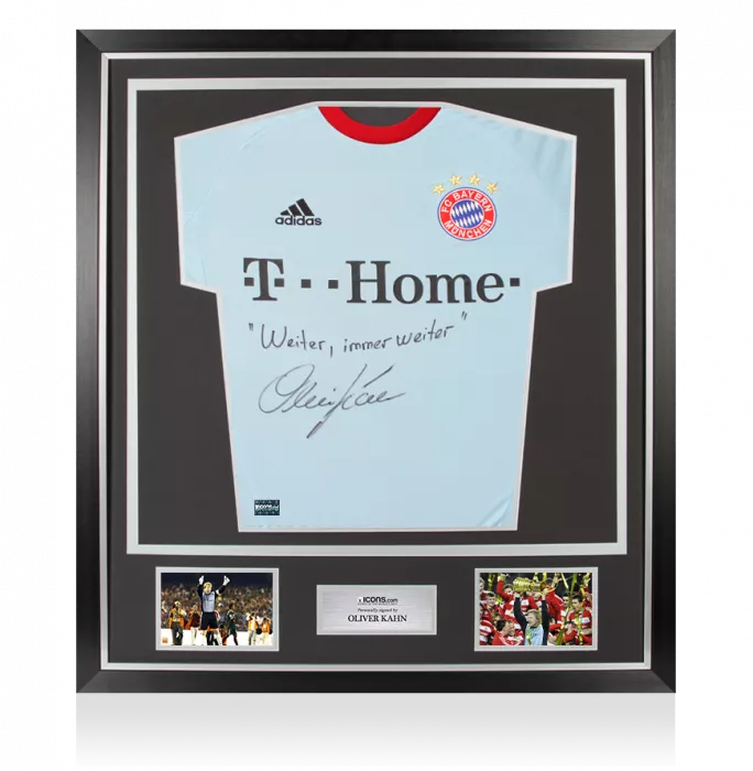 Oliver Kahn Back Signed FC Bayern Munich 2008 Goalkeeper Shirt - Weiter immer weiter Inscription In Classic Frame