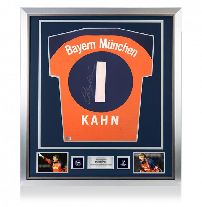 Oliver Kahn Official UEFA Champions League Back Signed and Framed FC Bayern Munich 2000-01 Goalkeeper Shirt