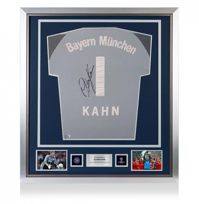 Oliver Kahn Official UEFA Champions League Back Signed And Framed FC Bayern Munich 2001-02 Goalkeeper Shirt
