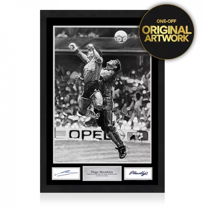 Original Diego Maradona Signed and Framed Tribute Artwork: Iconic Hand of God Goal