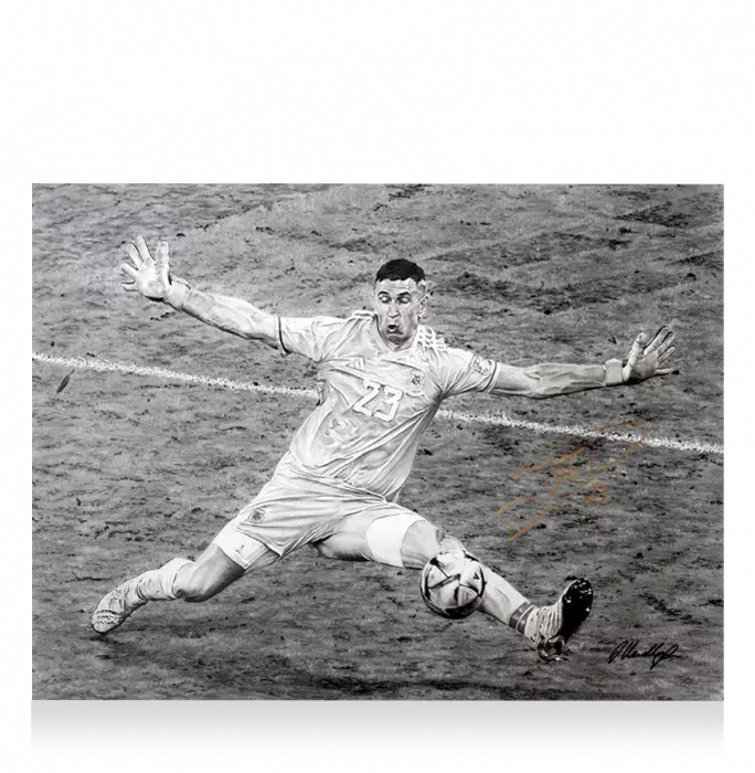 Original Emiliano Martinez Signed And Premium Framed Tribute Artwork: Iconic 2022 FIFA World Cup Final Save