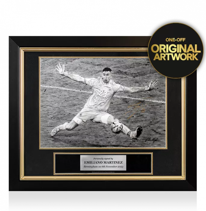 Original Emiliano Martinez Signed and Premium Framed Tribute Artwork: Iconic 2022 FIFA World Cup Final Save