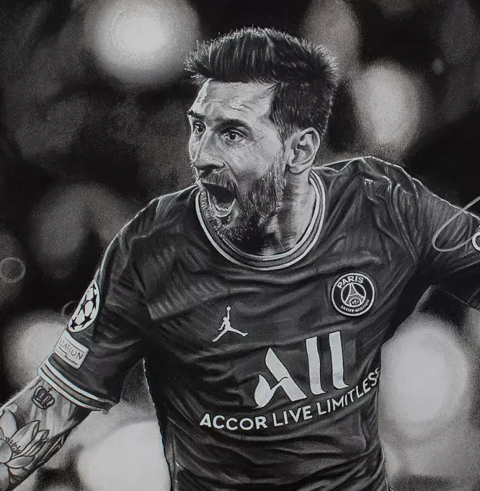 Original Lionel Messi Official Signed And Premium Framed Tribute Artwork: UCL Goal Vs Manchester City