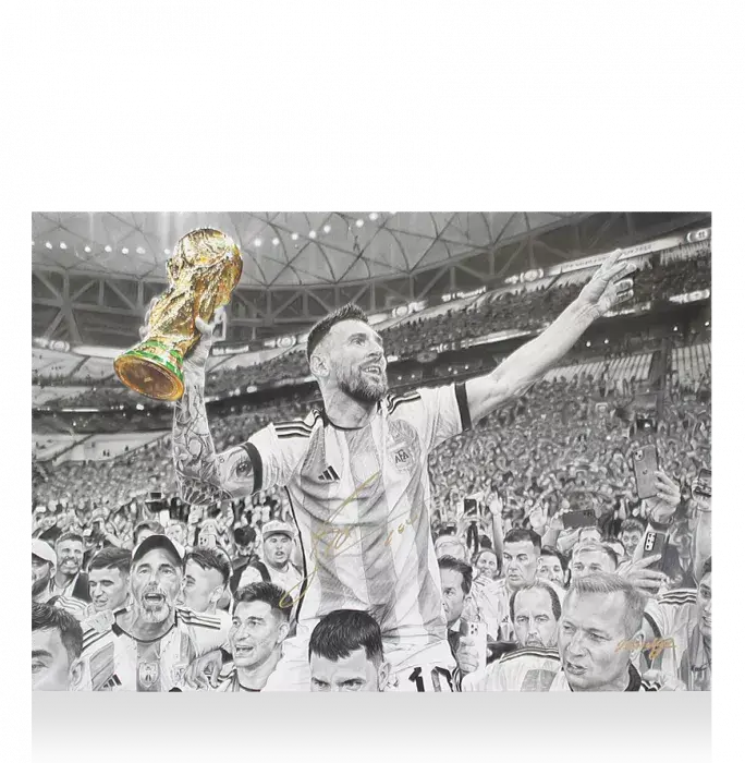Original Lionel Messi Official Signed And Premium Framed Tribute Artwork: 2022 FIFA World Cup Winner