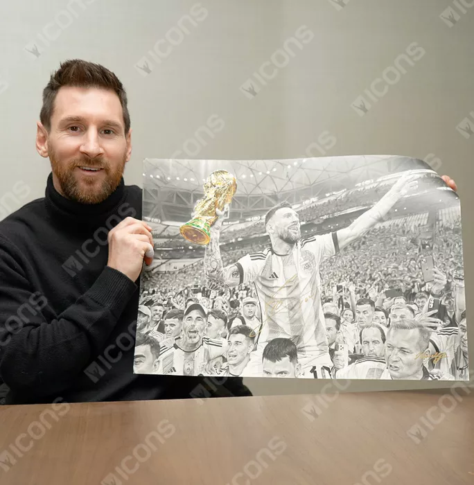Original Lionel Messi Official Signed And Premium Framed Tribute Artwork: 2022 FIFA World Cup Winner