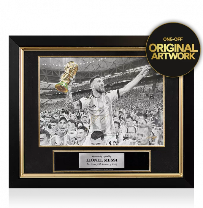 Original Lionel Messi Official Signed and Premium Framed Tribute Artwork: 2022 FIFA World Cup Winner