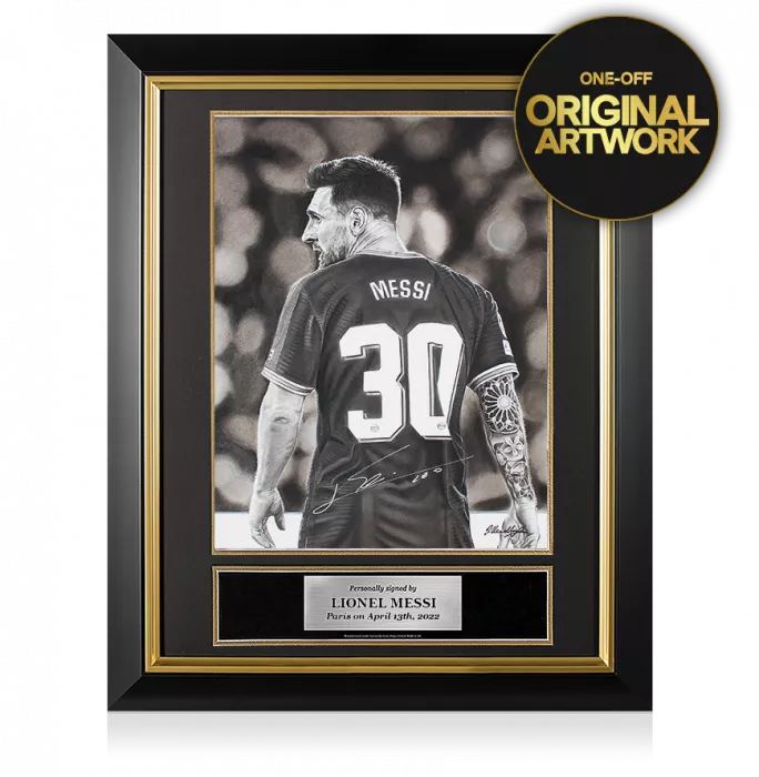 Original Lionel Messi Official Signed and Premium Framed Tribute Artwork: Parisian Icon