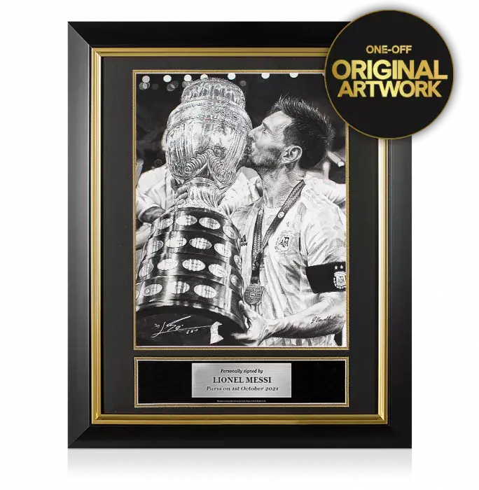 Original Lionel Messi Official Signed and Premium Framed Tribute Artwork: 2021 Copa America Winner