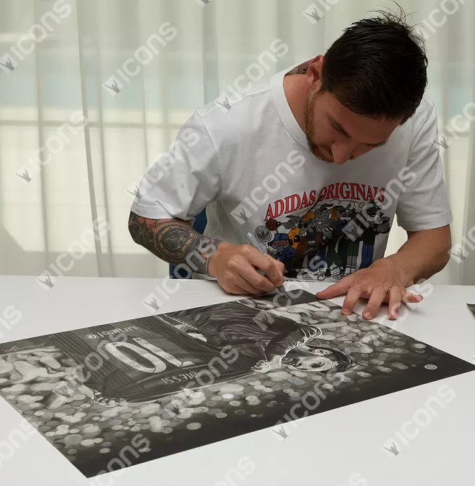 Original Lionel Messi Official Signed And Premium Framed Tribute Artwork: Iconic Clasico Celebration