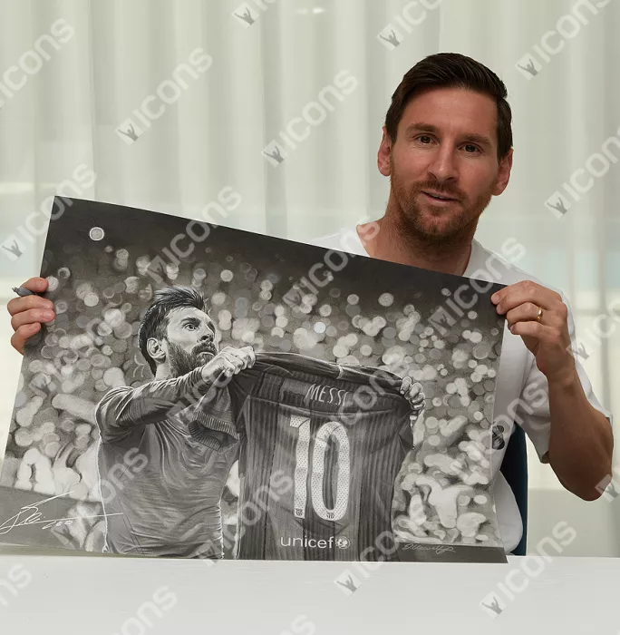 Original Lionel Messi Official Signed And Premium Framed Tribute Artwork: Iconic Clasico Celebration